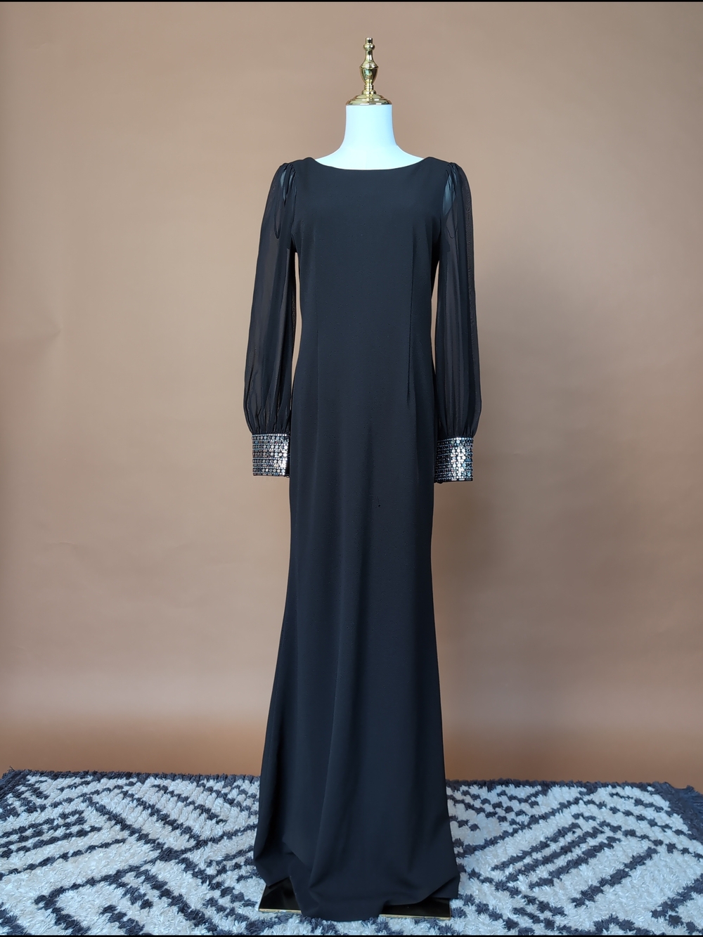 Sleek Calvin Klein Sequin Cuff Long Sleeve Maxi Evening Dress in Black